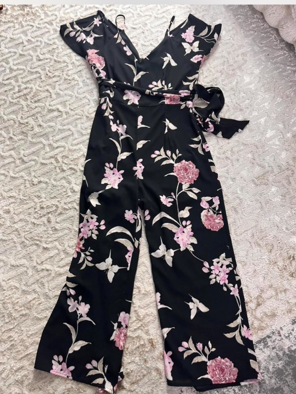 Sienna Sky Black cropped Jumpsuit with Pink Floral Design